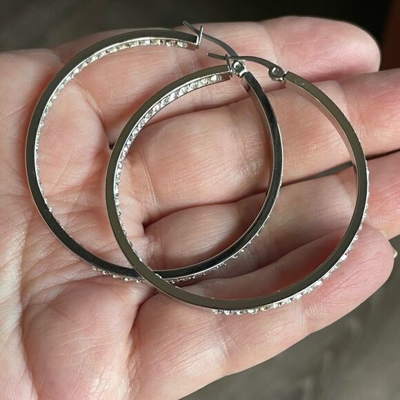 NEW Silver Crystal Large Hoop Earrings - Picture 9 of 10